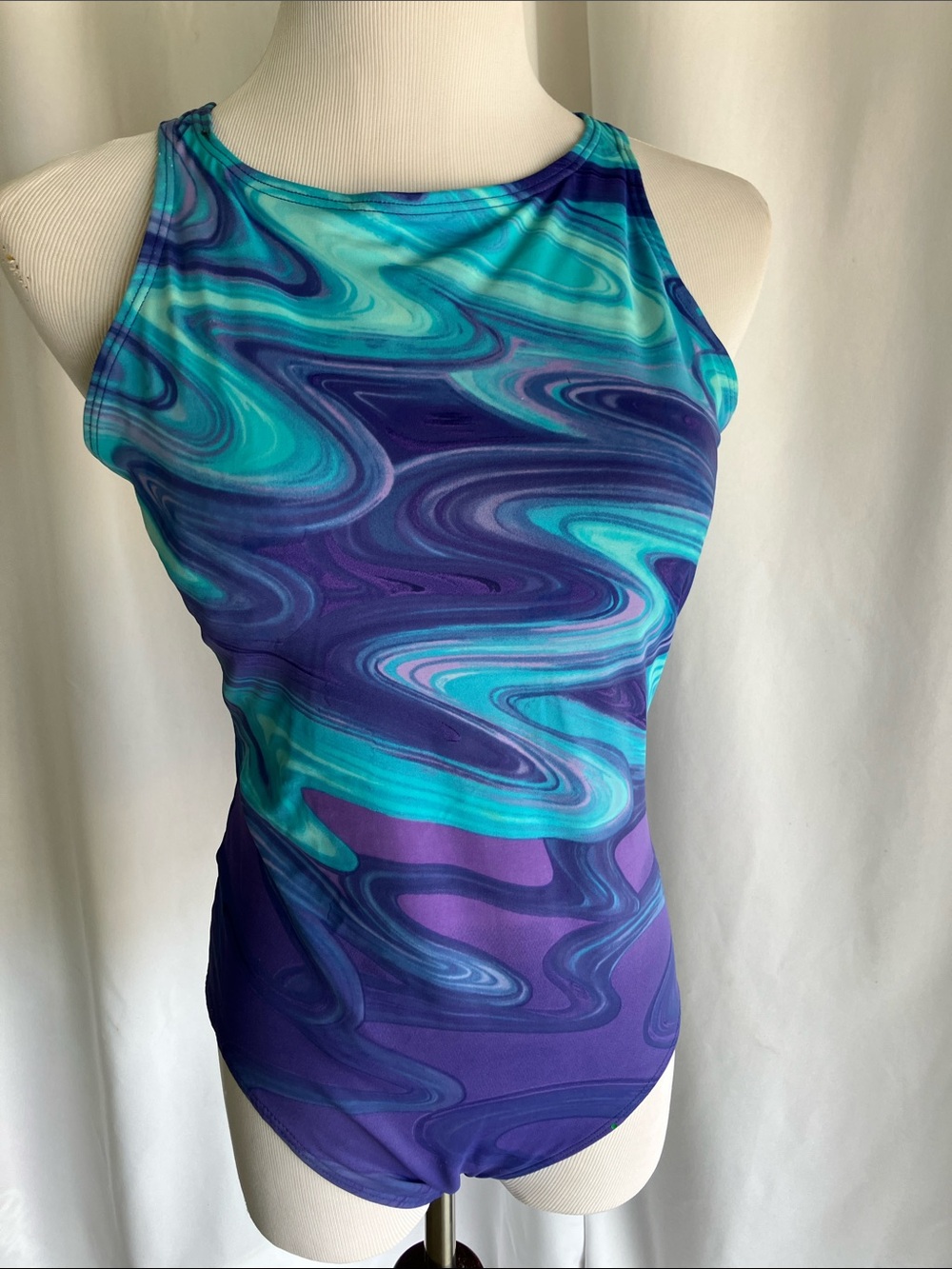 Women’s Swirl Print High-Neck One Piece Swim — Purple & Teal.   12